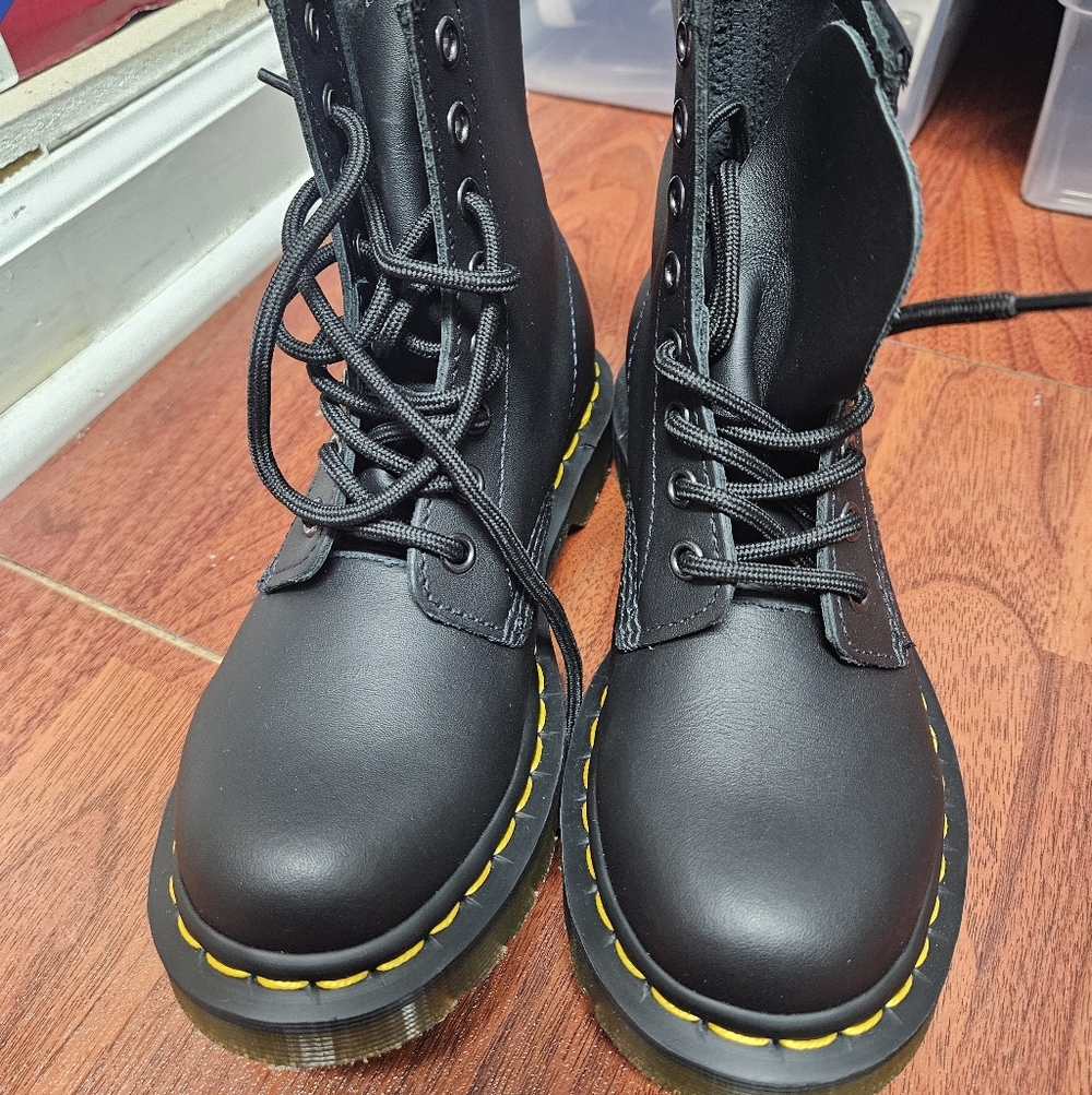 Dr. Martens Womens Black Boots with Yellow Stitching - Picture 2 of 5